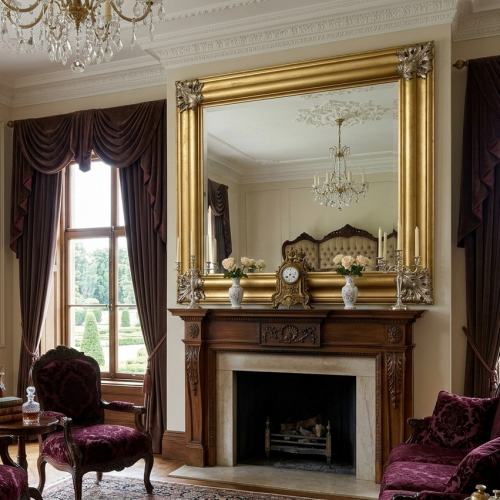 Luxury Gold Baroque Wall Mirror with Ornate Acanthus Leaf Corners in Deep Cove Molding Frame Lifestyle View by Luxury Group International