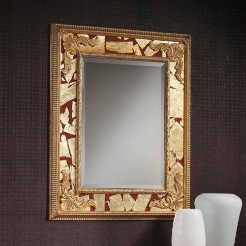 Luxury Gold baroque Wall Mirror with Red Decorative Inlay and Ornate Carved Scrolls Front View by Luxury Group International