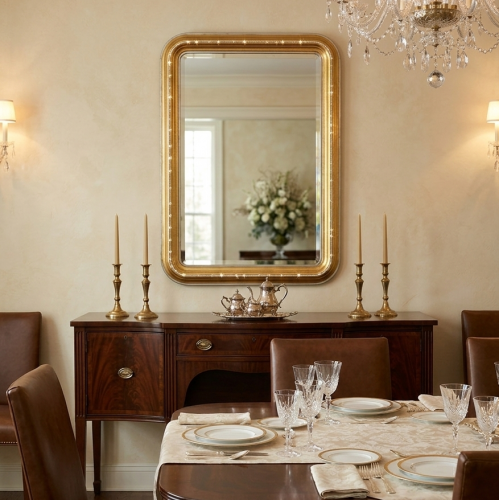 Luxury Gold Baroque Wall Mirror with Rounded Corners and Silver Beaded Decorative Border Lifestyle View by Luxury Group International