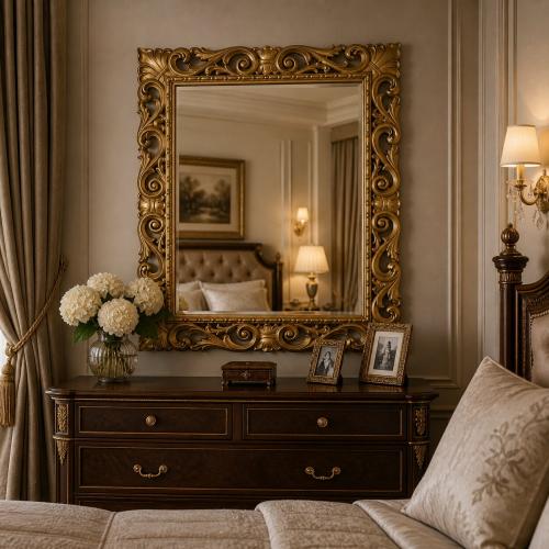 Luxus Goldener Barocker Wandspiegel mit Skulptiertem Rankenaufsatz und Perlenverziertem Innenrahmen – Barocker Spiegel Lifestyle-Ansicht von Luxury Group International