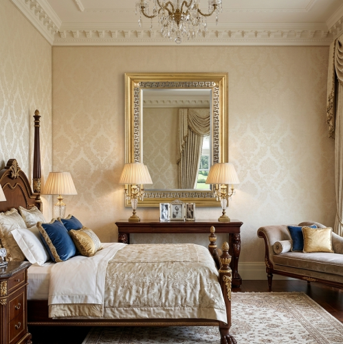 Luxury Gold Baroque Wall Mirror with Silver Greek Key Decorative Border and Corner Ornaments Lifestyle View by Luxury Group International