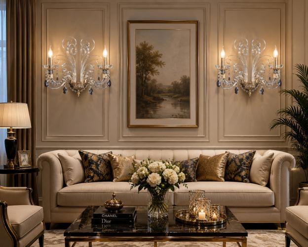 Luxury Gold & Crystal Double Arm Wall Lamp – Elegant Decorative Wall Sconce by Luxury Group International