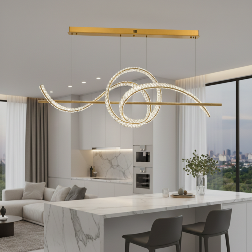 Luxury Gold Crystal Wave Island Modern LED Dining Chandelier Lighting by Luxury Group International