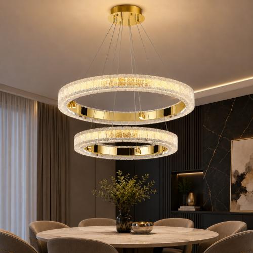 Luxus Gold Doppel-Halo Kristallring Kronleuchter mit gestuftem integriertem LED-Design von Luxury Group International