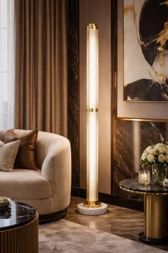 Luxury Gold Finish Art Deco Long Tube Fluted Glass Rod Column Floor Lamp with White Base Lifestyle View by Luxury Group International