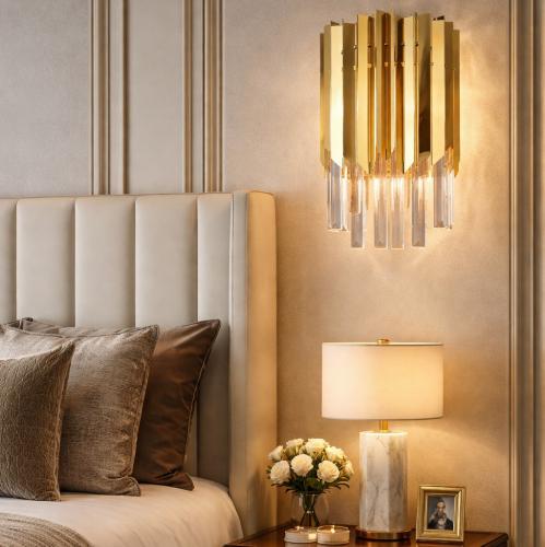 Luxury Gold Finish Crystal Glass Rod Layered Wall Lamp – Modern Sculptural Lighting Lifestyle View by Luxury Group International