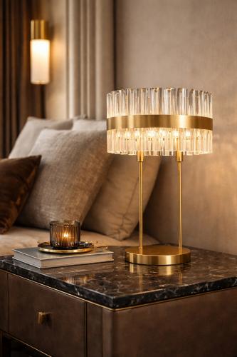 Luxury Gold Finish Crystal Glass Rod Shade Art Deco Table Lamp with Round Golden Base Lifestyle View by Luxury Group International