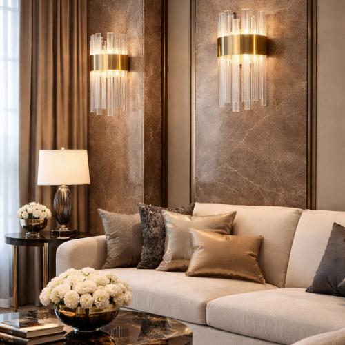 Lampe murale de luxe à tige en cristal et verre doré par Luxury Group International