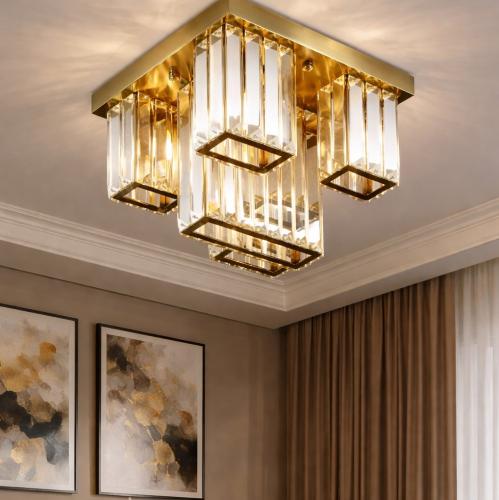 Luxury Gold Finish Square Crystal Chandelier with 5 Cubic Lights for Interior Design Lifestyle View by Luxury Group International