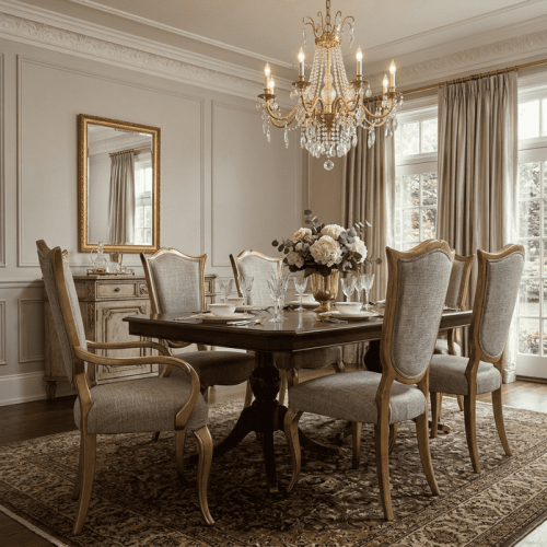 Luxury Gold Finish Upholstered Wooden Dining Armchair in Sculpted Frame with Ivory Fabric Seat - Dining Room Furniture Lifestyle View by Luxury Group International