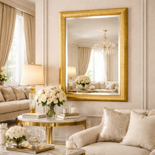 Luxury Gold Hand-Brushed Textured Baroque Wall Mirror with Smooth Bow Frame & Bevelled Glass Lifestyle View by Luxury Group International
