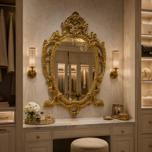 Luxus Gold Ovaler Barocker Wandspiegel mit Skulptiertem Wappen und Verziertem Durchbruchrahmen – Barocker Spiegel Lifestyle-Ansicht von Luxury Group International