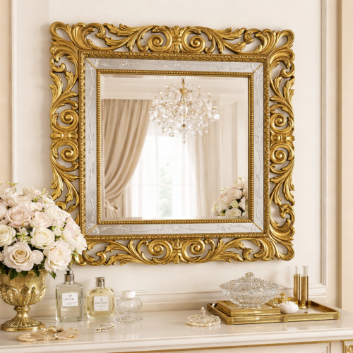 Luxury Gold Pierced Acanthus Scroll Baroque Wall Mirror with Etched Floral Glass Border & Beaded Inner Frame Lifestyle View by Luxury Group International