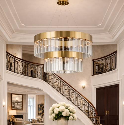 Luxury Gold Round Double Layers Crystal Chandelier – Modern Art DecoTiered Glass Rod Lighting Lifestyle View by Luxury Group International