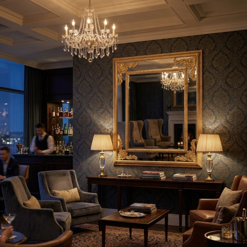 Luxus Gold &amp; Silber Barock Wandspiegel mit kunstvoll geschnitzten Rollen und dekorativen Eckdetails Lifestyle-Ansicht von Luxury Group International