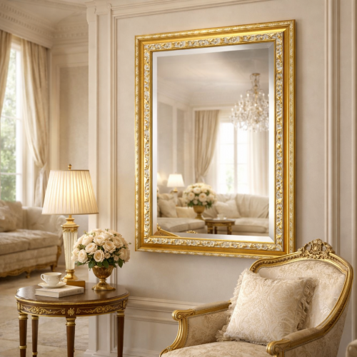 Luxury Gold & Silver Floral Scroll Baroque Wall Mirror with Hand-Carved Relief Frame & Bevelled Glass Lifestyle View by Luxury Group International