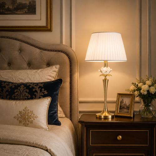 Luxury Gold Table Lamp with Floral Detailing & Ivory Pleated Shade by Luxury Group International