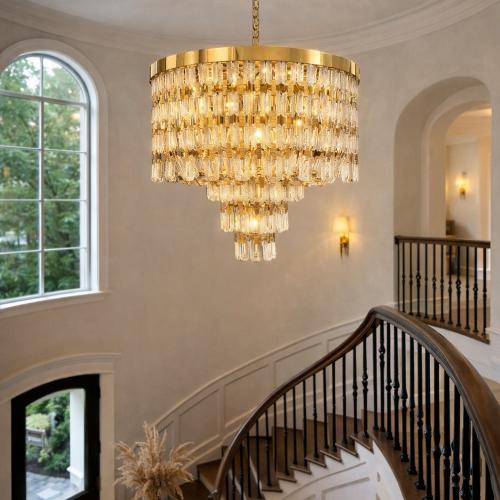 Luxury Gold 2-Tier Round Crystal Chandelier with Cascading Glass Rods for Living Room Lifestyle View by Luxury Group International