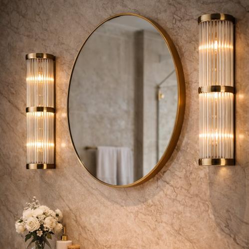 Luxury Golden Art Deco Cylindrical Ribbed Glass Wall Lamp by Luxury Group International
