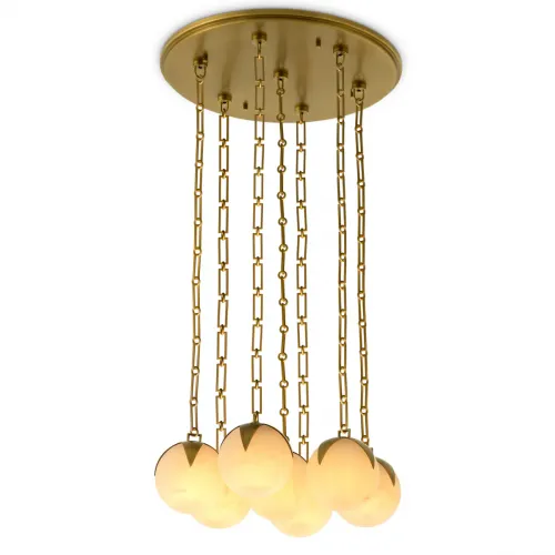 Luxus Moderner Art Deco Kronleuchter mit Goldkette und 7 Mattierten Kugelleuchten von Luxury Group International