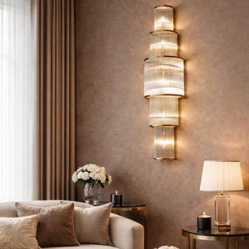 Luxury Golden Frame Modern Art Deco Fluted Glass Tiered Wall Lamp by Luxury Group International