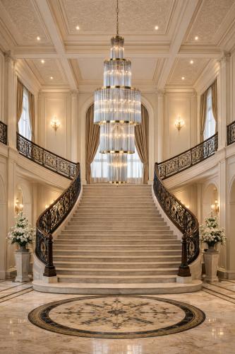 Luxury Golden Multi-Tier Vertical Cascade Glass Rods Staircase Crystal Chandelier by Luxury Group International
