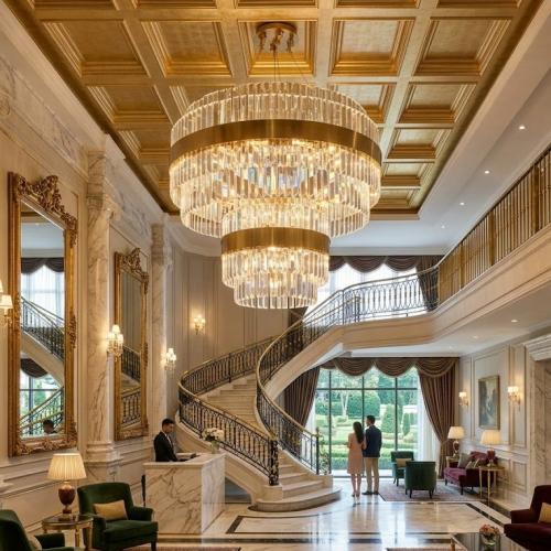 Luxury Golden Multi-Tiered Crystal Chandelier with Sleek Circular Gold Frame by Luxury Group International