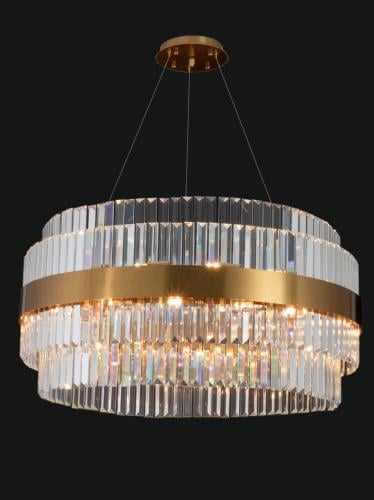 Luxuriöser goldener runder Rahmen Art Deco geschichteter Kristall-Kronleuchter mit Halo-Design von Luxury Group International