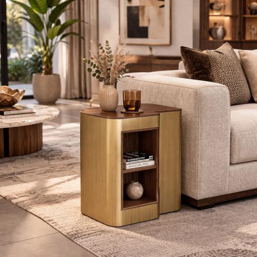 Luxus Moderner Beistelltisch aus gebürstetem Metall in Gold mit brauner Holzplatte von Luxury Group International