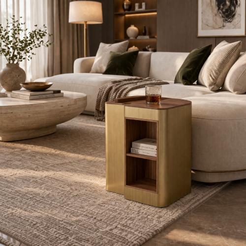 Luxus Moderner Beistelltisch aus gebürstetem Metall in Gold mit brauner Holzplatte von Luxury Group International