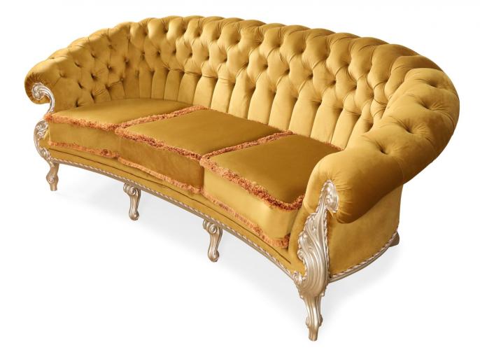 Luxury Golden Velvet Deep Tufted 3-Seater Baroque Sofa with Pearl Silver Carved Frame Detail View by Luxury Group International