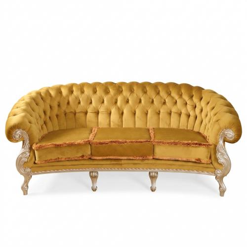 Luxury Golden Velvet Deep Tufted 3-Seater Baroque Sofa with Pearl Silver Carved Frame Front View by Luxury Group International