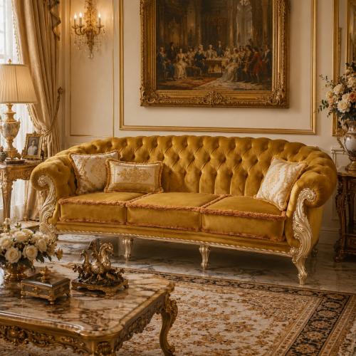 Luxury Golden Velvet Deep Tufted 3-Seater Baroque Sofa with Pearl Silver Carved Frame Lifestyle View by Luxury Group International
