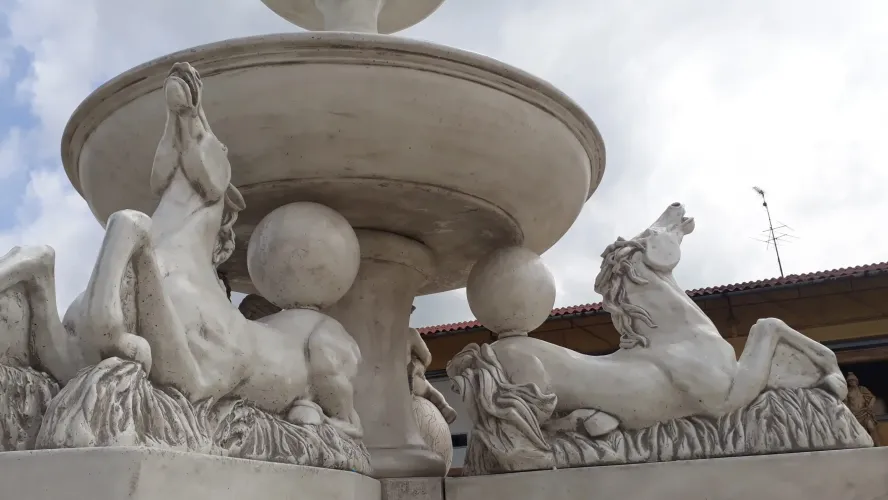 Luxury Grand Baroque Water Fountain with Sculpted Horse Figures & Multi-Tier Cascade - Baroque Fountain Detail View by Luxury Group International