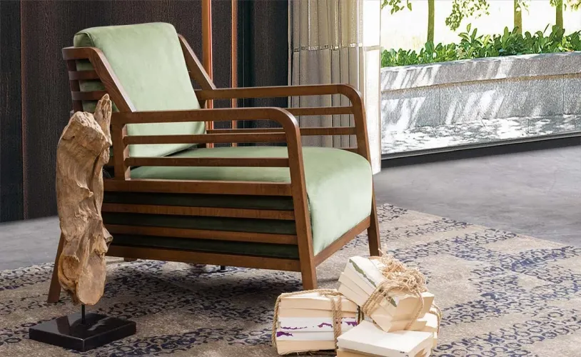 Luxury Green Upholstered Wooden Lounge Armchair with Solid Wood Frame-Living room furniture Lifestyle View by Luxury Group International
