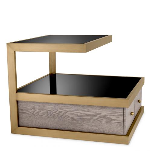 Luxury Grey Oak Brass Black Glass Top Nightstand by Luxury Group International