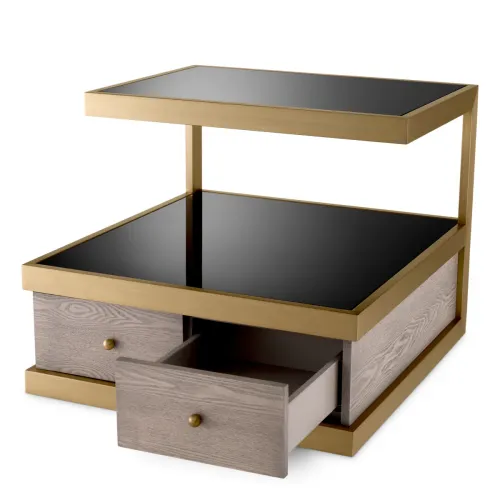 Luxury Grey Oak Brass Black Glass Top Nightstand by Luxury Group International