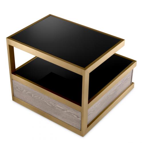 Luxury Grey Oak Brass Black Glass Top Nightstand by Luxury Group International