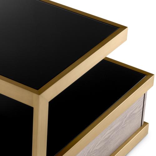 Luxury Grey Oak Brass Black Glass Top Nightstand by Luxury Group International