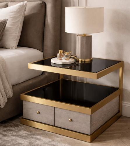 Luxury Grey Oak Brass Black Glass Top Nightstand by Luxury Group International
