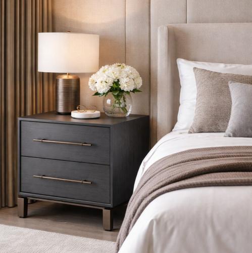 luxury grey oak veneer bronze finish nightstand by Luxury Group International