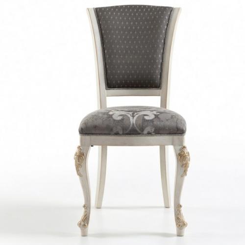 Luxury Grey Upholstered Dining Chair with Gold Carved Cabriole Legs in Ivory Distressed Wooden Frame Front View by Luxury Group International