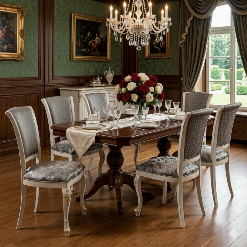 Luxury Grey Upholstered Dining Chair with Gold Carved Cabriole Legs in Ivory Distressed Wooden Frame Lifestyle View by Luxury Group International