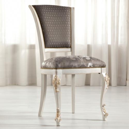 Luxury Grey Upholstered Dining Chair with Gold Carved Cabriole Legs in Ivory Distressed Wooden Frame Side View by Luxury Group International