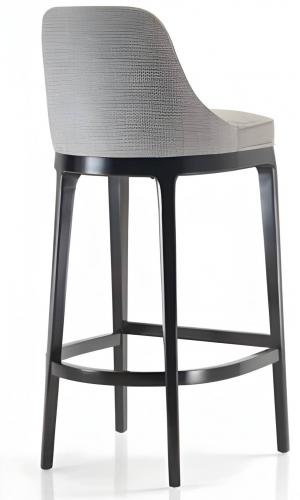 Tabouret de bar de luxe gris rembourré avec dossier incurvé dans un cadre en bois noir poli avec repose-pieds par Luxury Group International