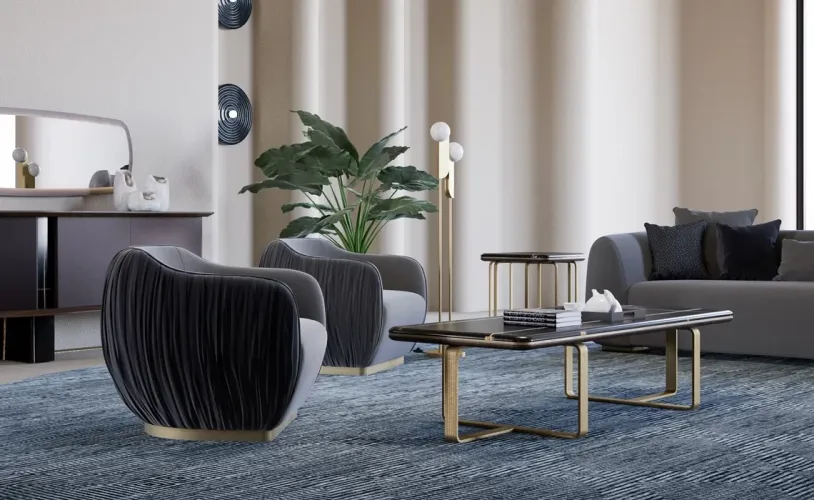 Luxury Grey/Black Velvet Pleated design Golden Base Accent Chair-luxury hotel furniture Lifestyle View by Luxury Group International