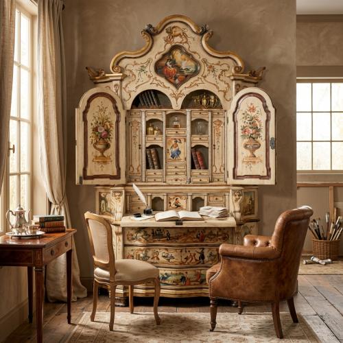 Luxury Hand-Painted Venetian Baroque Cabinet with Drop-Front Secretary Desk and Multi-Drawer Storage Lifestyle View by Luxury Group International