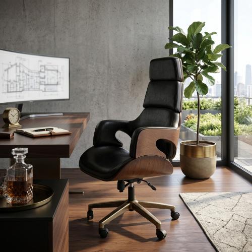 Silla Ejecutiva de Oficina de Lujo con Respaldo Alto en Cuero Negro y Diseño Esculpido de Brazos Abiertos Vista lifestyle por Luxury Group International