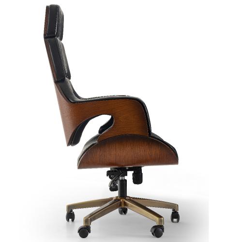 Silla Ejecutiva de Oficina de Lujo con Respaldo Alto en Cuero Negro y Diseño Esculpido de Brazos Abiertos Vista lateral por Luxury Group International