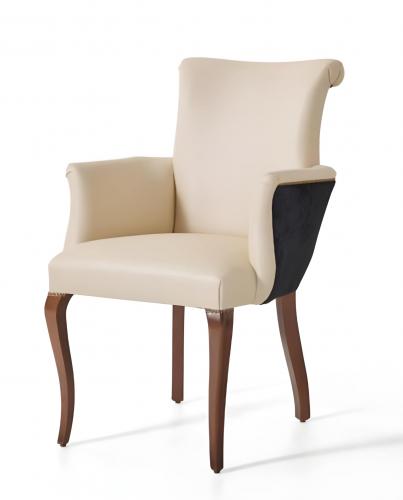 Luxury High Back Upholstered Dining Armchair in Cream Beige with Walnut Wood Legs and Contrast Panel by Luxury Group International